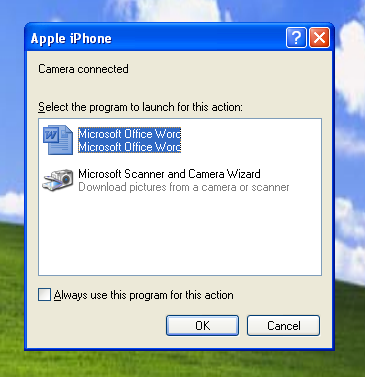 Microsoft Windows prompts for application to open iPhone, Word or Scanner Camera Wizard